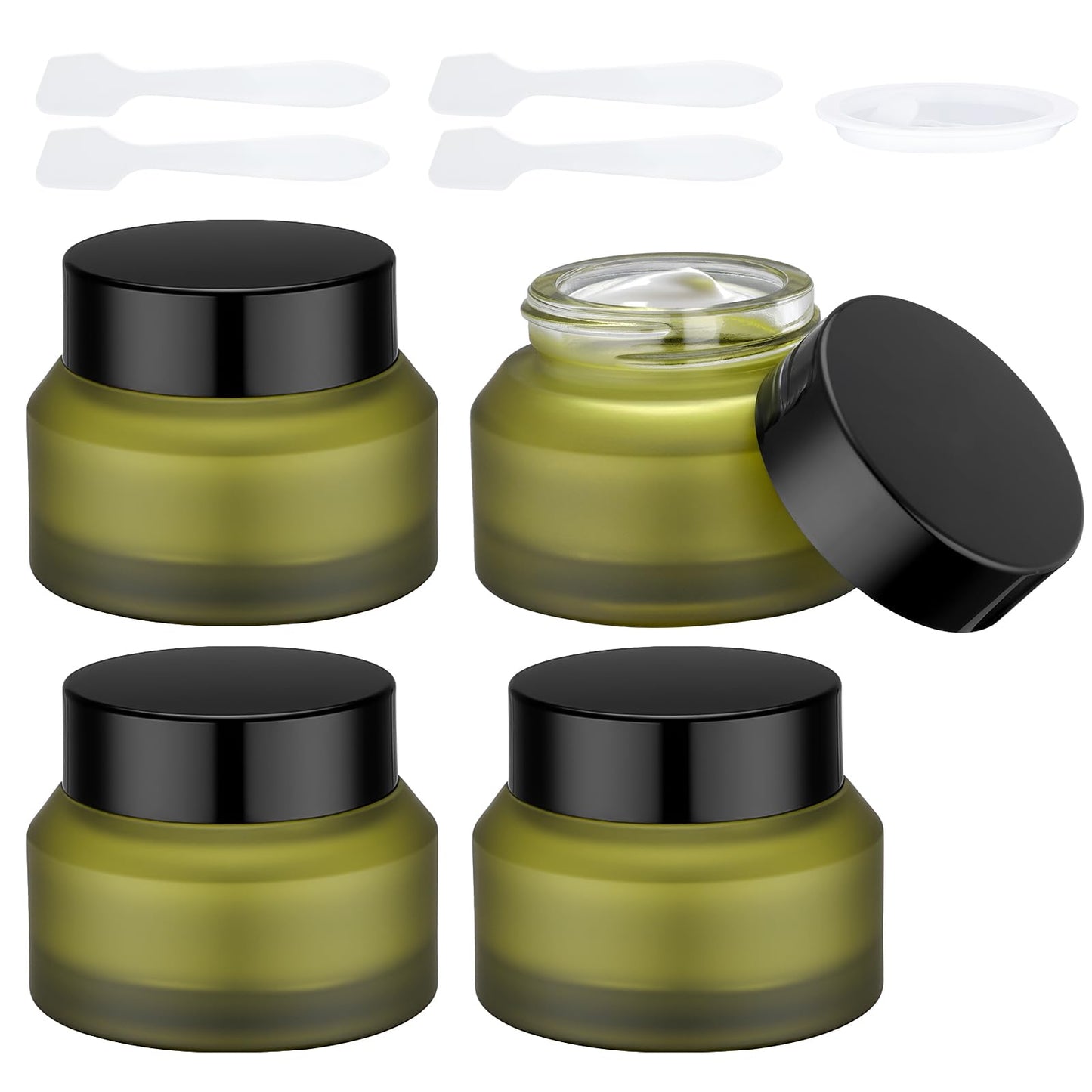 Segbeauty 1oz Green Frosted Glass Refillable Cosmetic Containers Jars with Lids, Empty Lotion Bottles with Spatulas, Travel Containers for Toiletries 4pcs 30ml, Empty Travel Size Bottles Jars