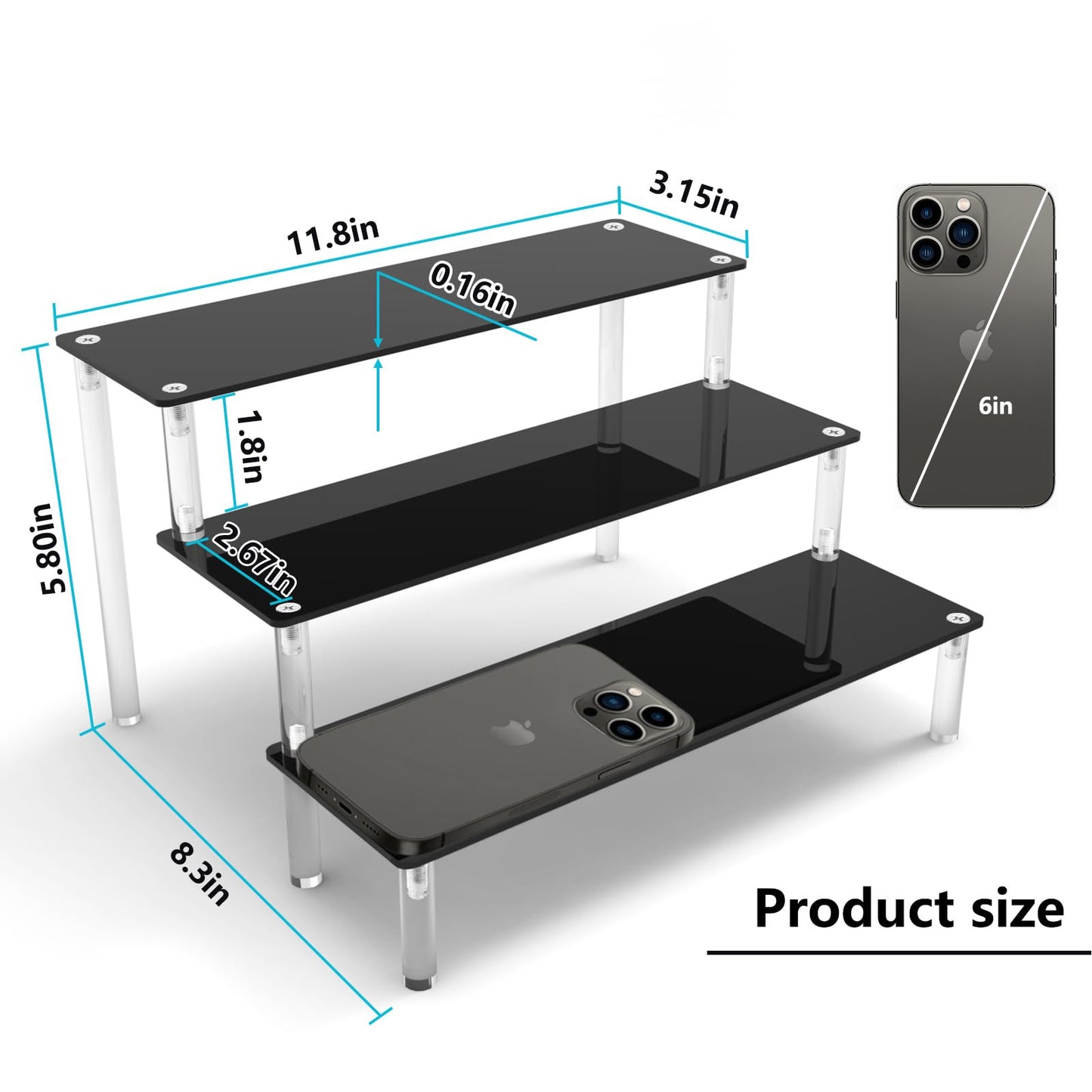 AZEAM Acrylic Riser, Black Display Risers Stand Large Collection Organizer Shelf for Cupcake Food Desserts Holder Cosmetic Products Tabletop Use and More (12 X 8 X 6 Inch) (3 Packs Black)