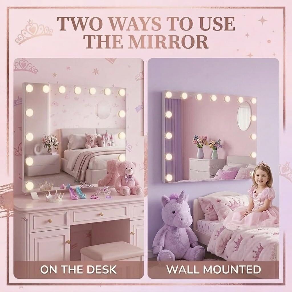 Glovalife Vanity Mirror with Lights, Large Hollywood Lighted Mirror, LED Bulbs with 3 Colors Lighting, USB & USB C Charging Port, Touch Control, Glass Tempered, White 22.8" X 18.1"