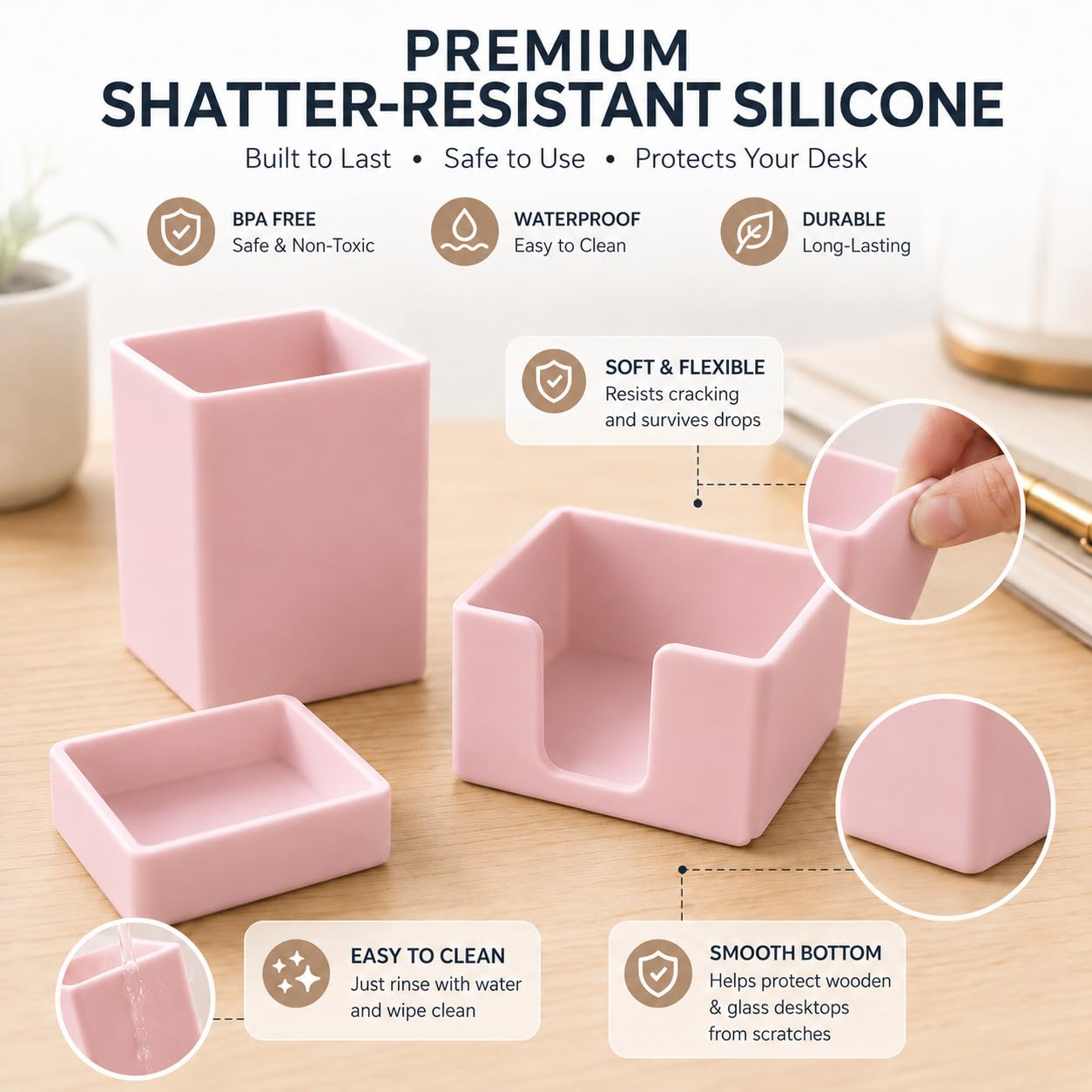 minimaliving Aesthetic Silicone Desk Organizer Set of 3,Modern Office Desk Accessories with Pen Holder,Paperclip Tray,Sticky Note Holder,Stylish Functional Office Desk Decor for Back-to-school(Pink)