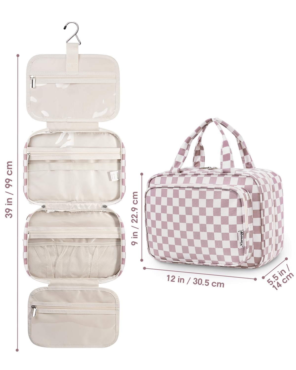 Narwey Travel Toiletry Bag for Women Large Hanging Makeup Bag Organizer Toiletries Bag for Full Size Essentials Accessories Cosmetics (Dusty Pink Checkerboard (Large))