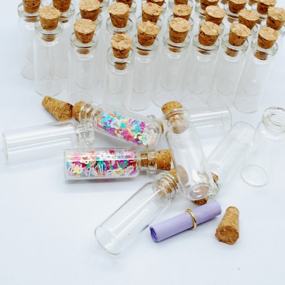 1ML Small Mini Tall Clear Glass Bottles/Jars with Corks Stoppers for Arts & Crafts, Projects, Decoration, Party Favors+ Gold Metal Eye Hook Pin Screws,200 Pcs
