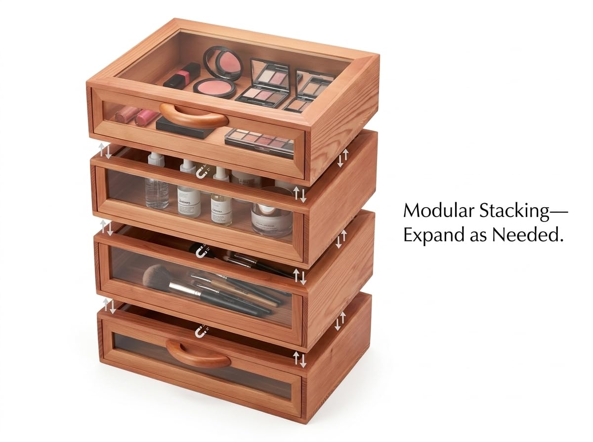 MXWLEIEL Wood Stackable Storage Drawers,Clear Lid Acrylic Makeup Organizer for,Desk Organizers, Beauty Supplies,Makeup Palettes,Home Organization (2, Wooden Orange)