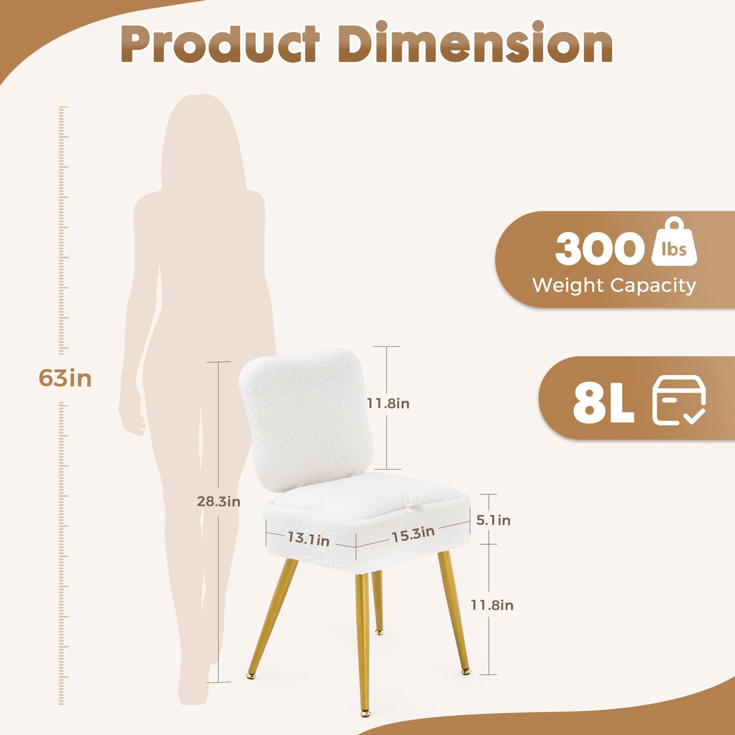2BYF Small Vanity Chair with Storage & Folding Backrest, White