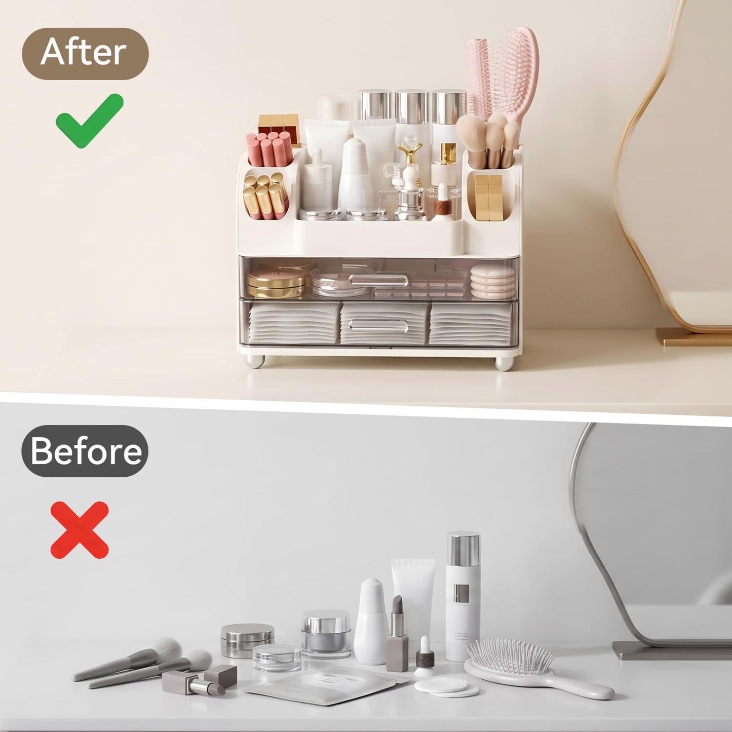 Brothersbox Makeup Organizer for Vanity with 2 Large Drawers and 6 Brush Holders, Large Bathroom Countertop Cosmetic Storage for Skincare, Lipstick, Nail Polish, Perfume, Gift for Women, White