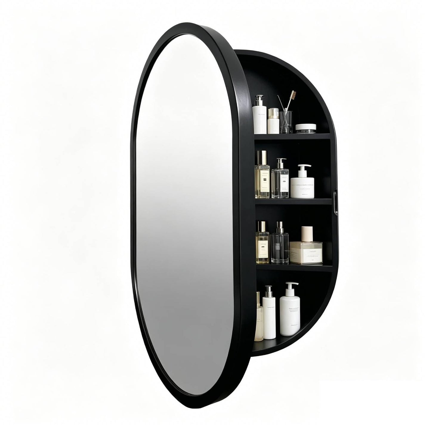 CHER-BUEATY Medicine Cabinet Oval Bathroom Mirror Solid Wood Cabinets Wall Hanging Mirror Surface Wall Mounted Solid Wood Circular Frame 4 Level 19.7 X 30.7 inch(Style B, Black)