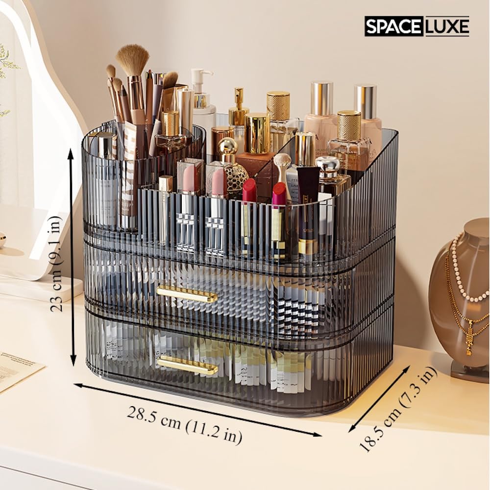SpaceLuxe Makeup Organizer with Drawers and 360° Rotating Brush Holder, Large Capacity Cosmetic Storage for Vanity, Skincare, Perfume, Hair Accessories, Lipstick & Jewelry (Transparent Gray, 3-layer)