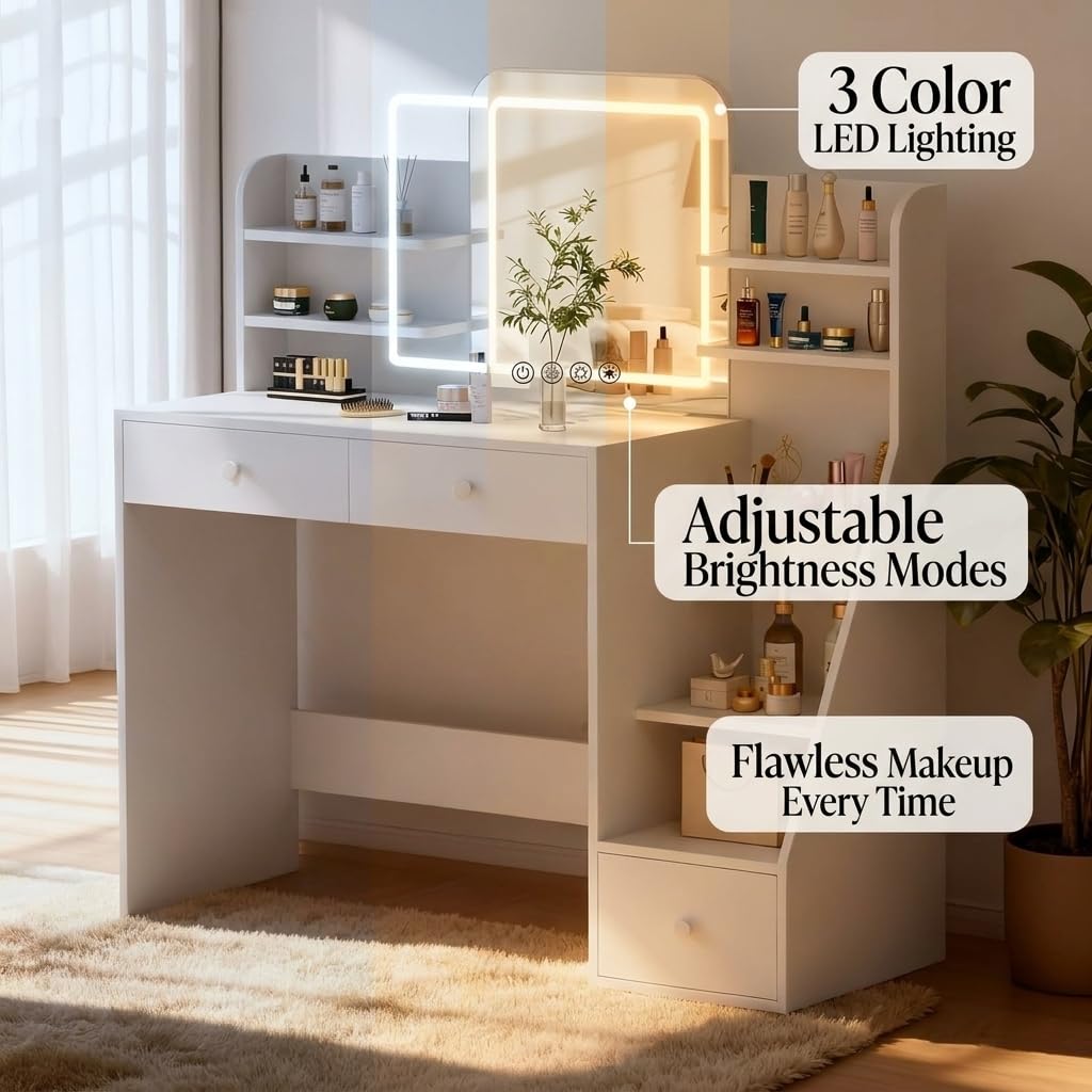 Oiroporz White Makeup Vanity Desk with LED Mirror & 5-Tier Sloped Shelves, 7 Open Storage Areas & 3 Drawers, Adjustable 3-Color Lighting Dressing Table