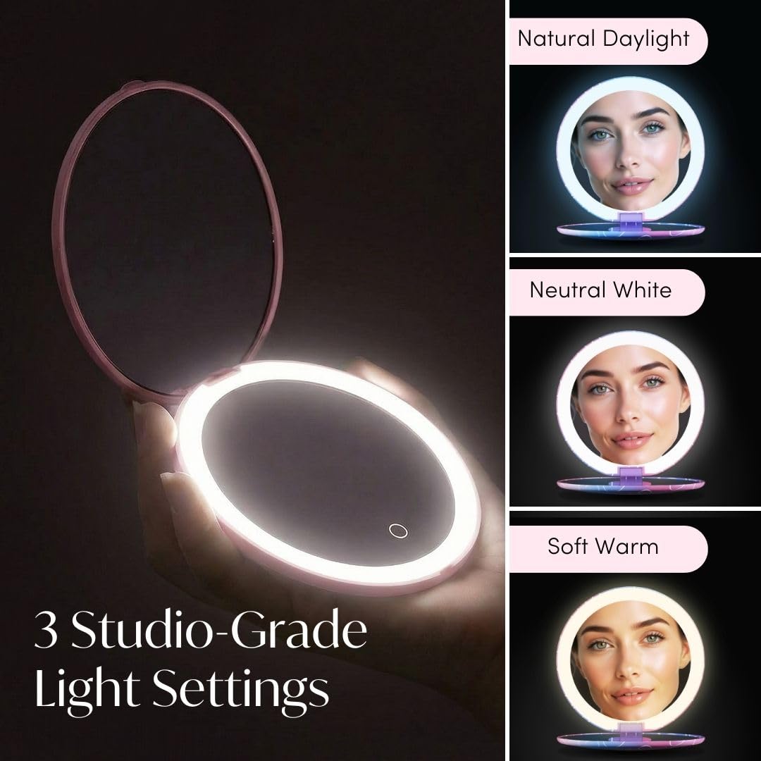 Fancii Mini Taylor Compact Magnifying Mirror with LED Light, 10x/1x, Rechargeable, 3 Light Settings, Dimmable - Small Lighted Travel Handheld Mirror for Pocket, Handbag, Purse, 2-Sided (Lovestruck)