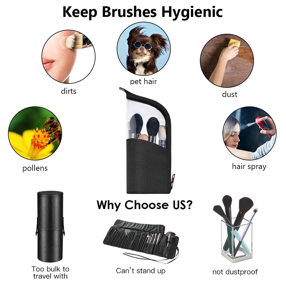 couragejoy Travel Make-up Brush Holder Organizer Bag，Clear Plastic&Oxford Cosmetic Zippered Case，Portable Waterproof Stand-Up Makeup Brush Pouch, Professional Artist Small Toiletry Cup (Black)…