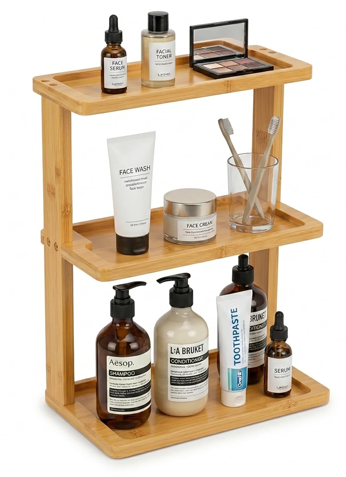 PEKER Bamboo Bathroom Organizer Countertop – Vanity Storage Shelf for Makeup, Perfume, Skincare – Natural Cosmetics Display Rack for Dresser, Sink, Kitchen – Natural