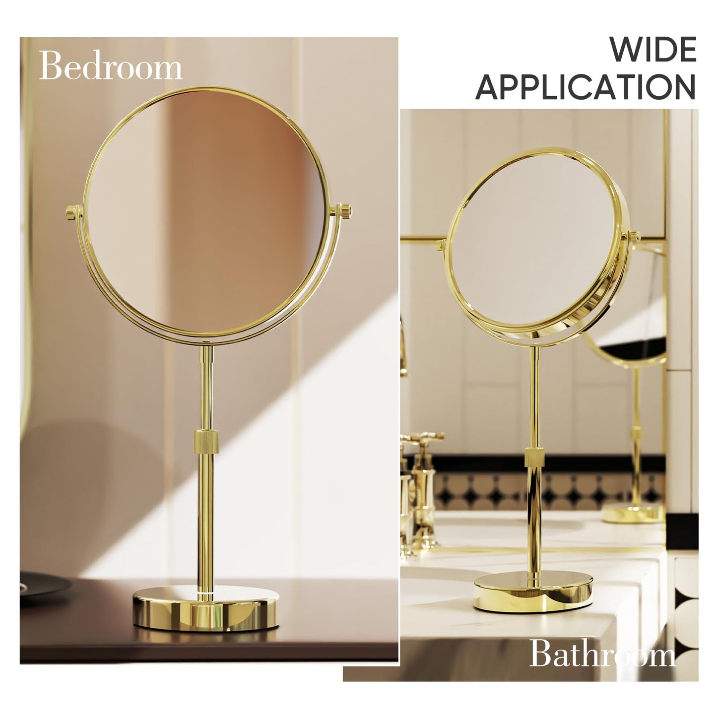 Nicesail Height Adjustable 15~19” Tall Table Mirror, 1X 10X Magnifying Mirror Double Sided for Makeup&Shaving, Desk Vanity Mirror Tabletop 360 Rotation of 8” Face, Bathroom Shiny Gold Makeup Mirror