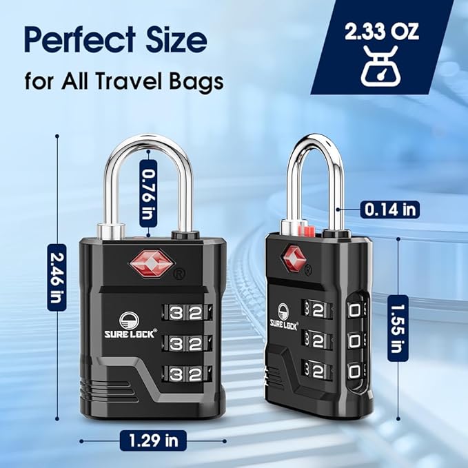 SURE LOCK TSA Locks for Luggage, TSA Approved Luggage Locks with Open Alert, 008 Key for High Security, Easy Read Dials, Zinc Alloy Body, Locker Lock for Suitcase, Gym, Travel(Black 6 pk)