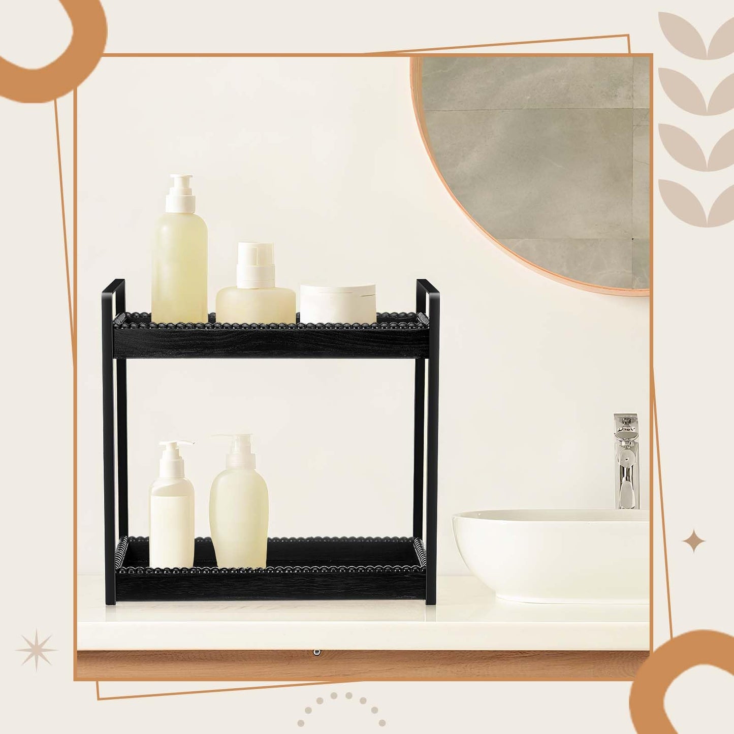 DoubleFill Bathroom Countertop Organizer, 2 Tier Wood Bead Vanity Organizer Tray for Bathroom Cosmetic Skincare Perfume Kitchen Coffee Station Organization(Black,Classic)