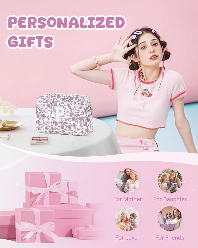 Narwey Birthday Gifts for Teen Girls Kids Women Personalized Initial Floral Makeup Bag Cute Cosmetic Trendy Stuff 6 8 10 11 12 13 14 16 18 Years Old Travel Toiletry Bag (Little Dusty Pink Flower P)