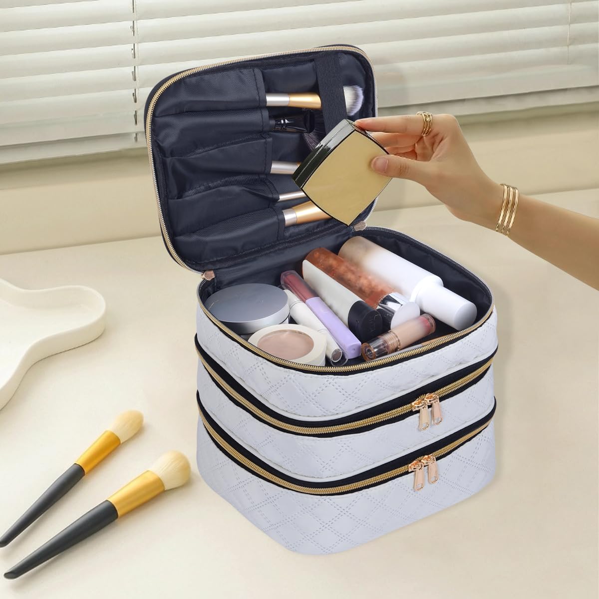 LANDFOBO Large Makeup Bag 3 Layers with Handle Travel Organizer Case(Beige)