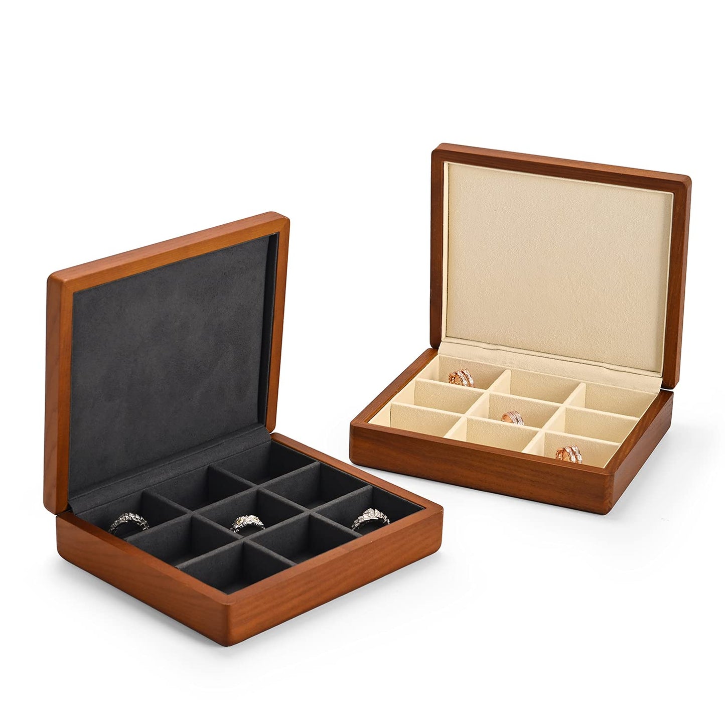Oirlv Solid Wood Ring Jewelry Box Organizer Earrings Jewelry Drawer Organizer Tray with Lid (Grey 9 Grid Box)