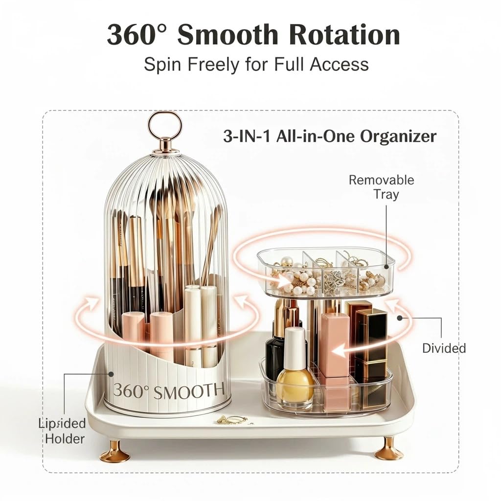 Bazhahei 3IN1 Dustproof Rotating Makeup Organizer with Birdcage Lid, 360° Spin Makeup Brush & Lipstick Storage Holder for Vanity Dresser: Ideal for Press-On Nails & Tiny Jewelry