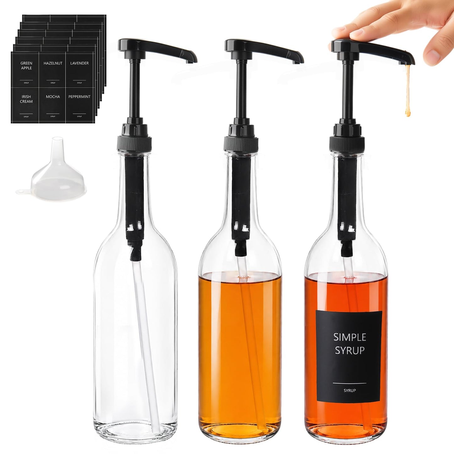 BPFY 3-Pack 25oz/750ml Round Glass Coffee Syrup Dispenser with Black Pump