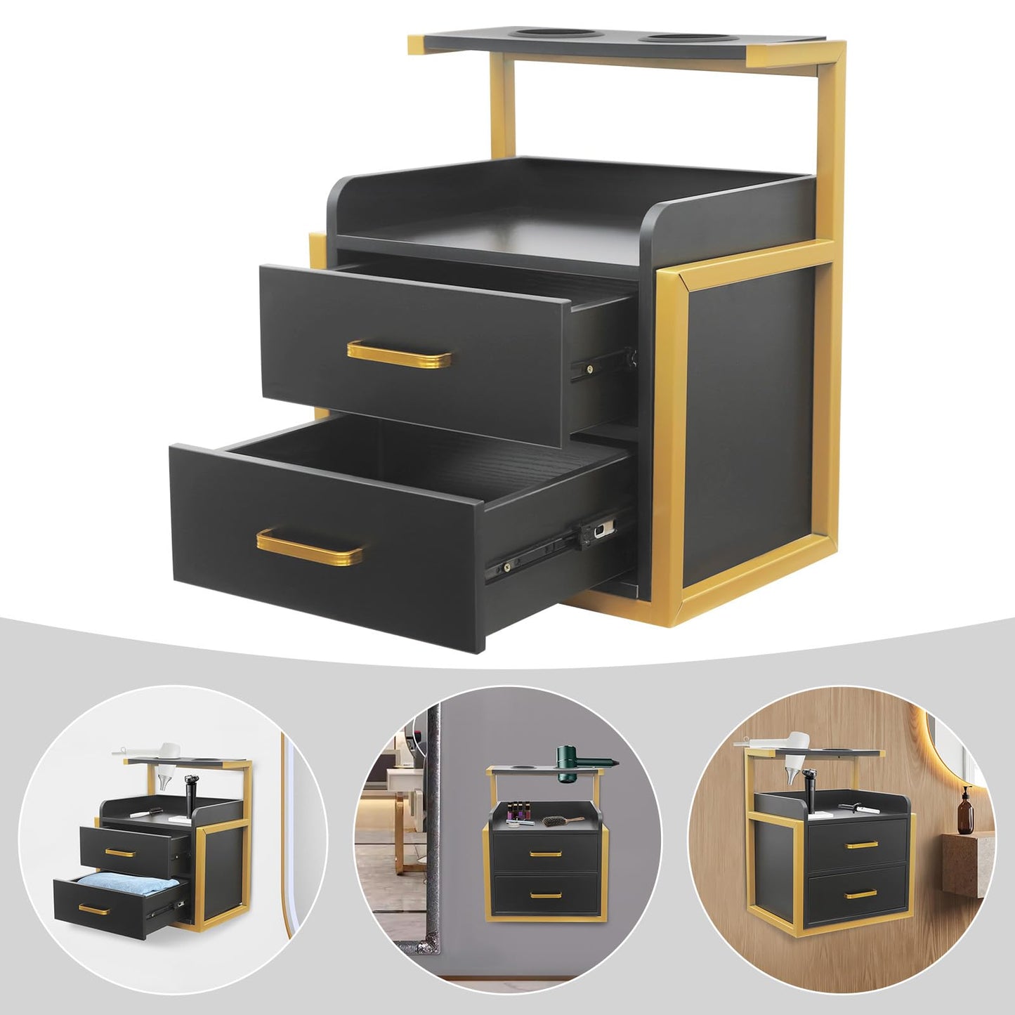 Eapmic Salon Cabinet with Drawers, Suspended Salon Wall Cabinet, Salon Stations Salon Table with 2 Drawers, Stylist Storage Cabinet Beauty Station with 2 Hair Dryer Holders (Gold＋Black)