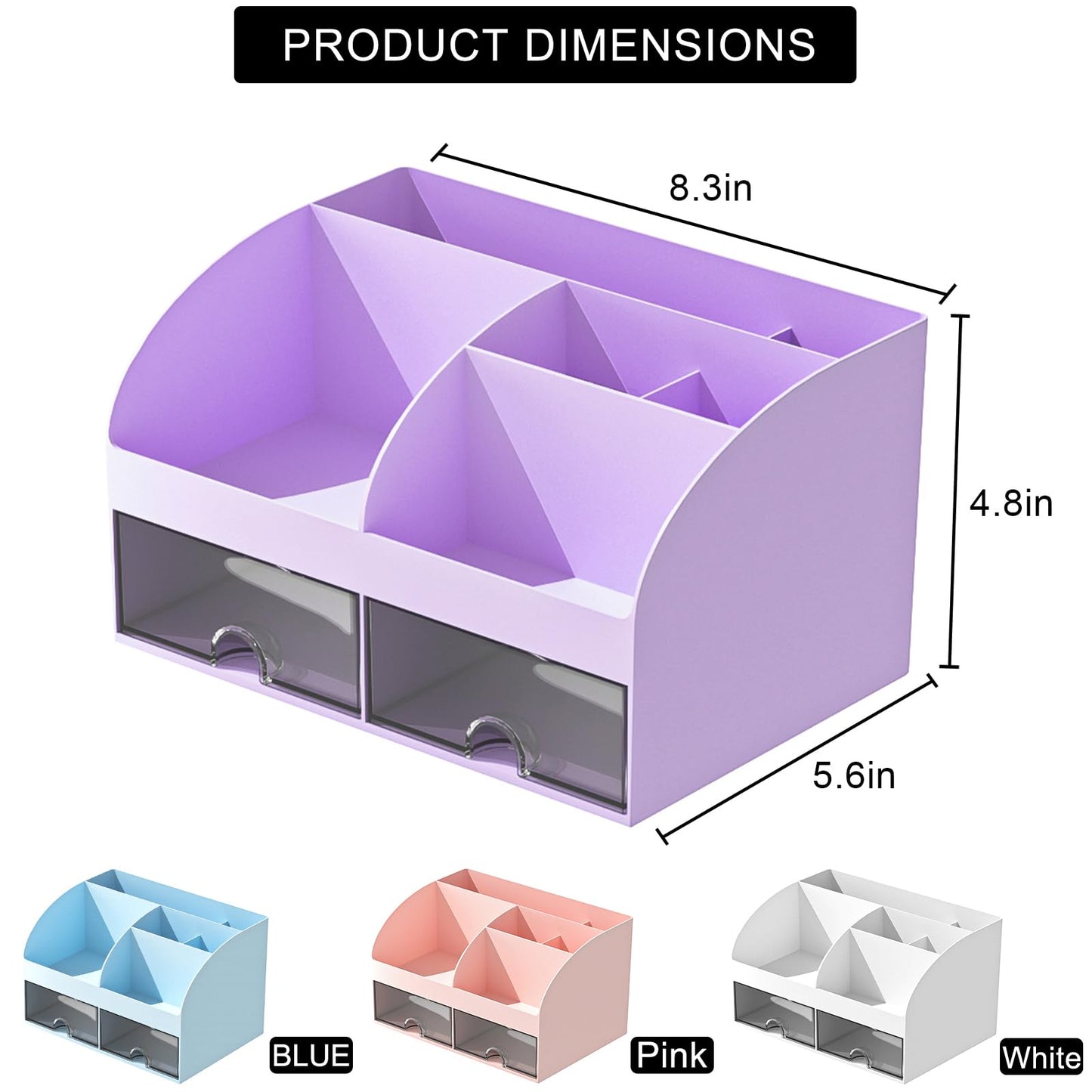 COMFYROOM Desk Organizer with 6 Compartments and 2 Drawers, Plastic Makeup Organizer, Pen Holder for Desktop Storage, Desk Organization for School, Home, Office Supplies (Purple)
