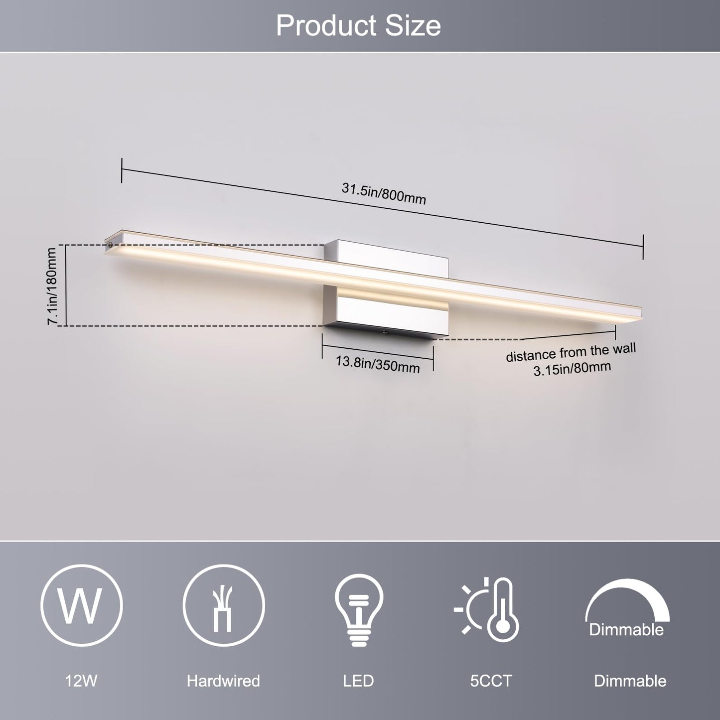 BRIVOLART LED Modern Bathroom Vanity Light Fixtures 24W Dimmable 5CCT LED Vanity Light Bar Over Mirror Matte Black Wall Light for Bathroom 31.5 inch Long