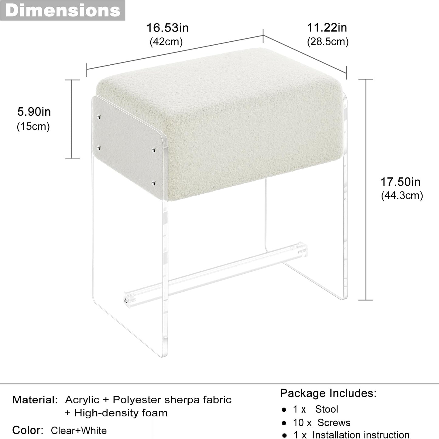 XOHYW Vanity Stool Chair, Soft Ottoman with Clear Acrylic Legs, Modern Padded Seat Footstool for Entryway, Hallways, Bedrooms and Living Room (White)