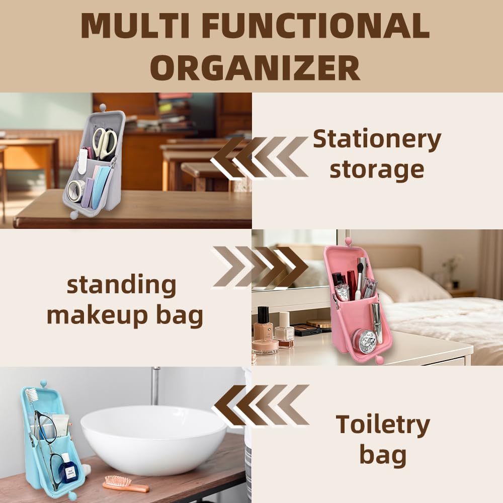 Geelraqaly silicone makeup brush holder,waterproof soft and sleek portable travel cosmetic bag,standing makeup bag,grey