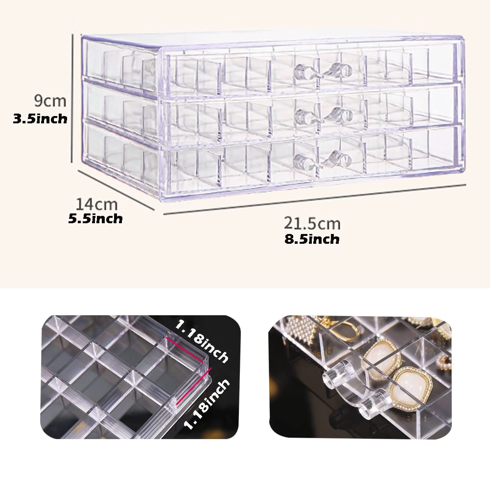 YUFONG Earring Storage Box Organizer 3 Drawers Acrylic Jewelry Storage Box Holder Transparent Jewelry Display Stand with 72 Small Compartments Gift for Women Girls (Clear)