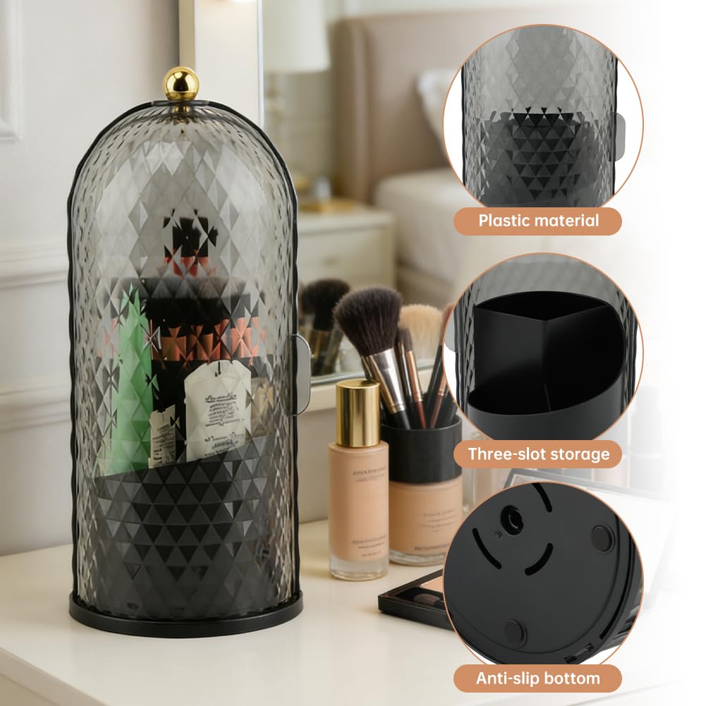 Makeup Brush Holder with Lid, 360 Rotating Dustproof Waterproof Sliding Opening Storage Box, Multifunctional Toothbrush Holder with 3 Compartments for Organized Storage