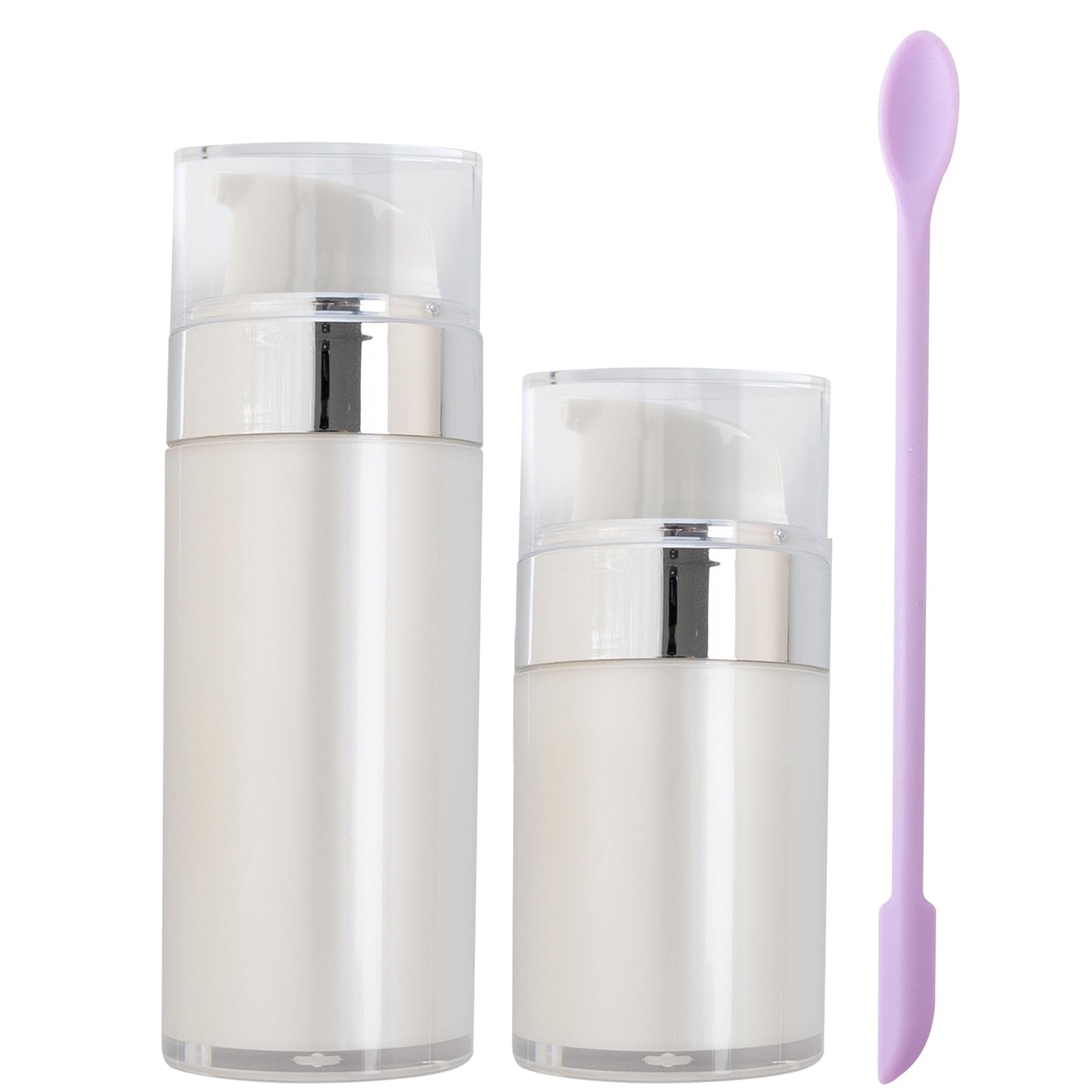 Framendino, 2 Pack Wide Mouth Pump Bottle Lotion Dispenser Airless Bottles Refillable Moisturizer Container with Silicone Spatula 1oz and 1.7oz