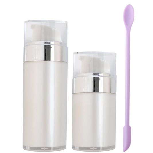 Framendino, 2 Pack Wide Mouth Pump Bottle Lotion Dispenser Airless Bottles Refillable Moisturizer Container with Silicone Spatula 1oz and 1.7oz