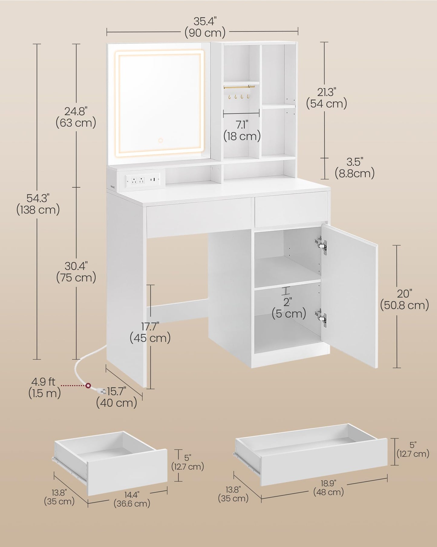 VASAGLE KAILYN Collection - 35.4-Inch Vanity Desk with Mirror and Lights, Power Outlets, Modern Vanity Table, Jewelry Storage, Adjustable Shelves, for Bedroom, Cloud White URDT132WB03S