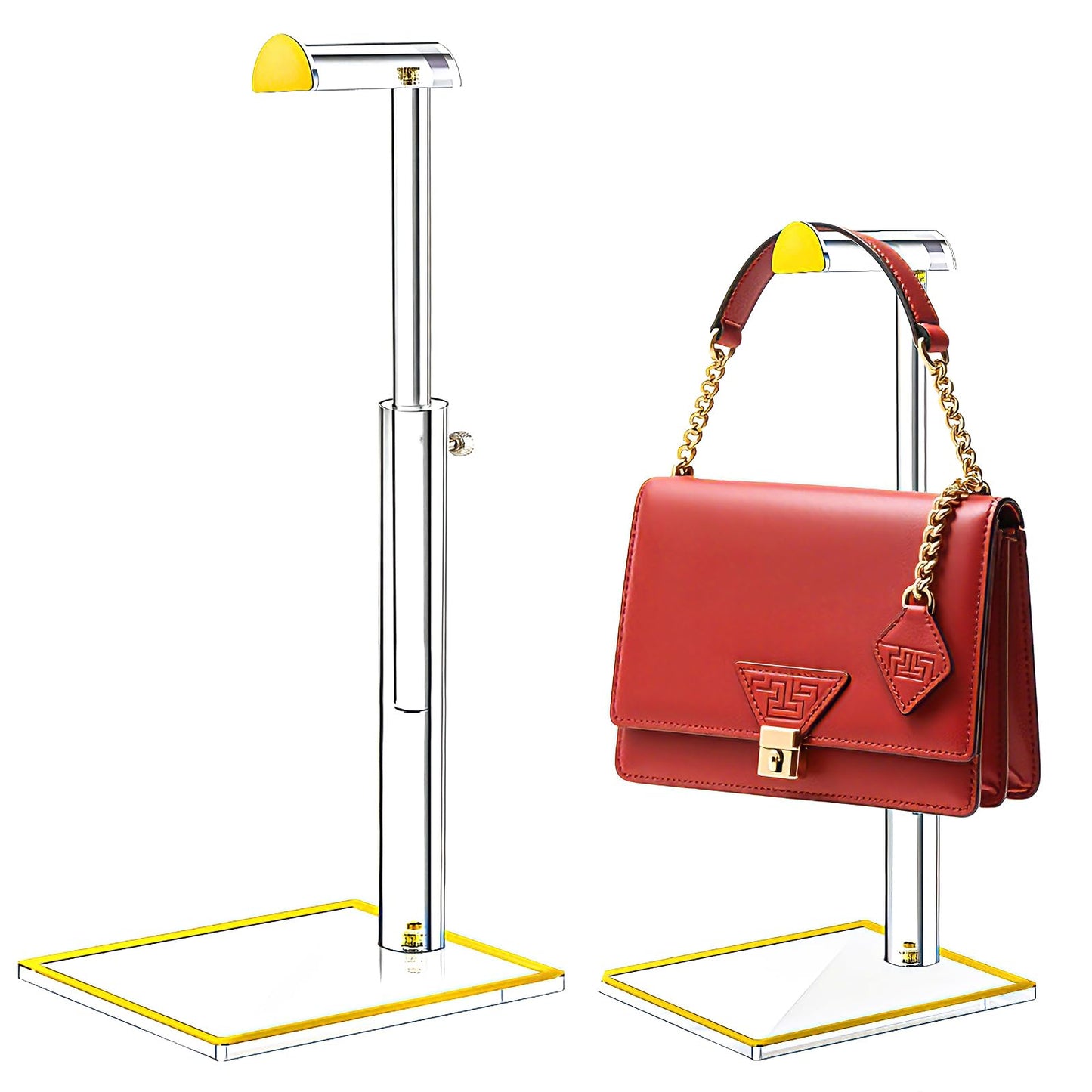 2 Pack Acrylic Handbag Display Stand, Gold Trim Clear Purse Holder 14"-24" Adjustable Height Thicken Anti-slip Base, Purse Rack Hanging Evening Bags Clutch Jewelry for Table Closet Retail Vendors