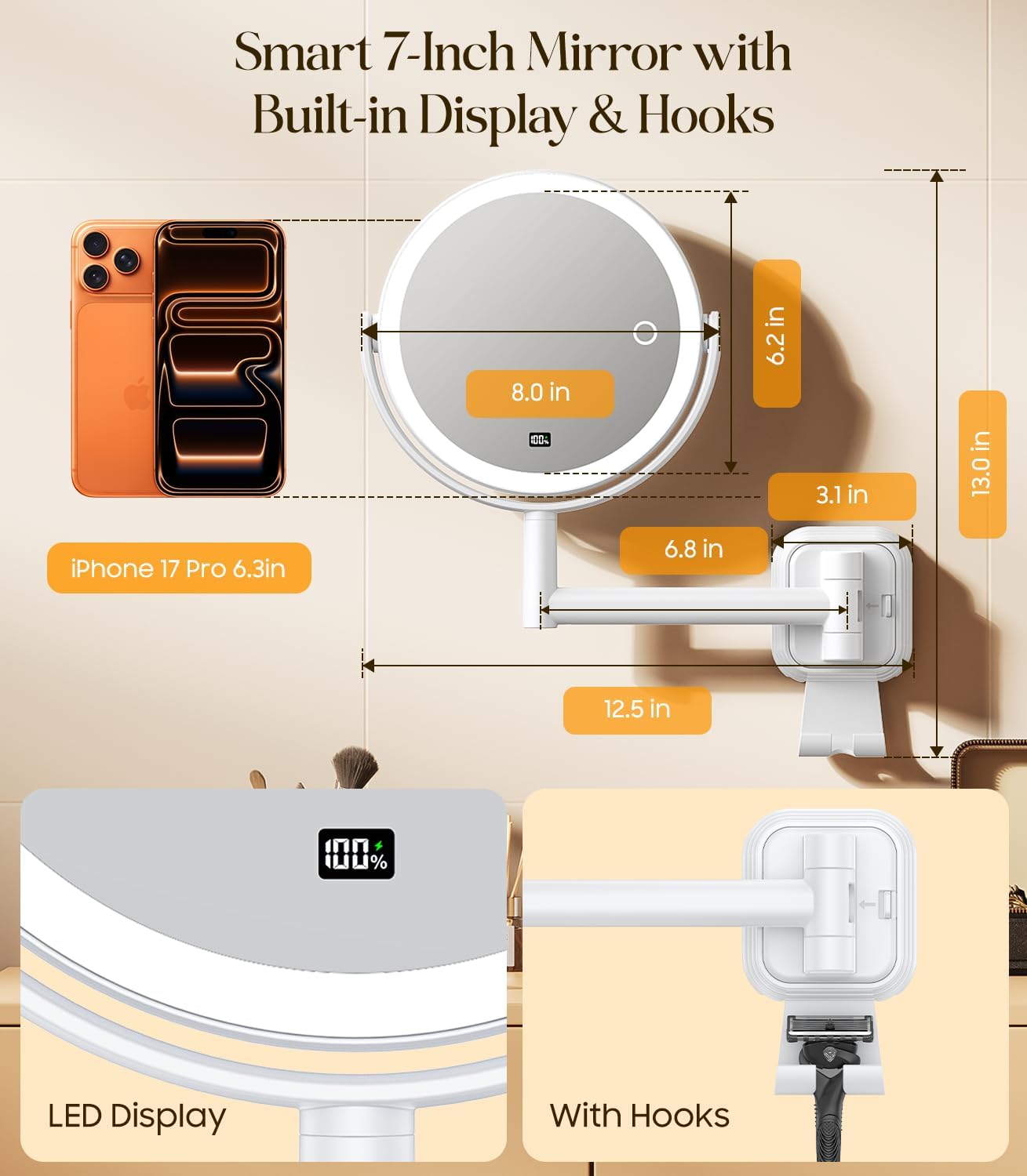 Gospire No Drilling Wall Mounted Lighted Makeup Mirror with Magnification 10X, 7 Inch Rechargeable Magnifying Vanity Mirror with Hooks, LED Display & 3 Light Modes for Bathroom
