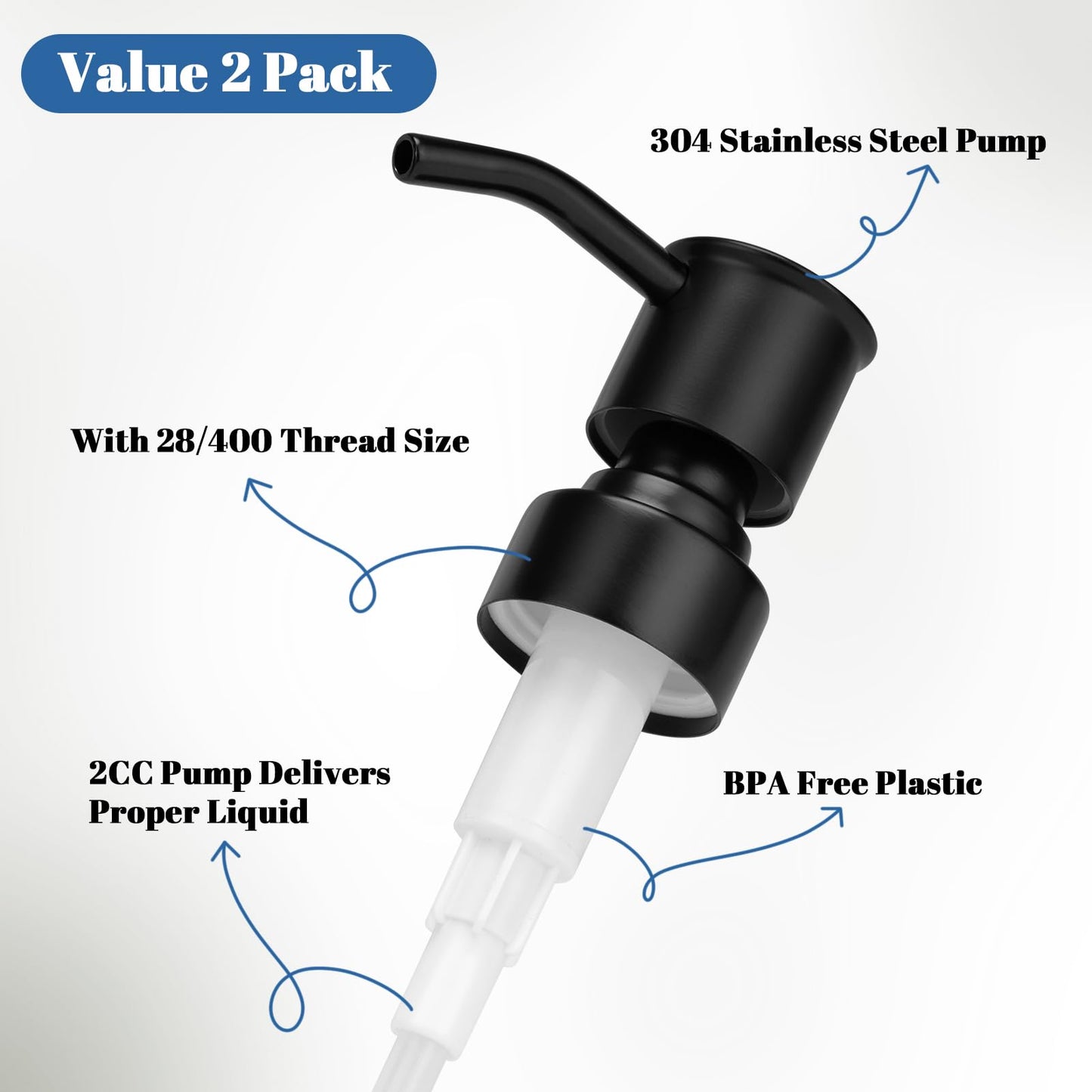 2 Pack Black 304 Stainless Steel Soap Dispenser Pump Replacement Standard 28/400 Thread for Regular Mouth Bottles Lotion Soap Dispenser for Kitchen Bathroom