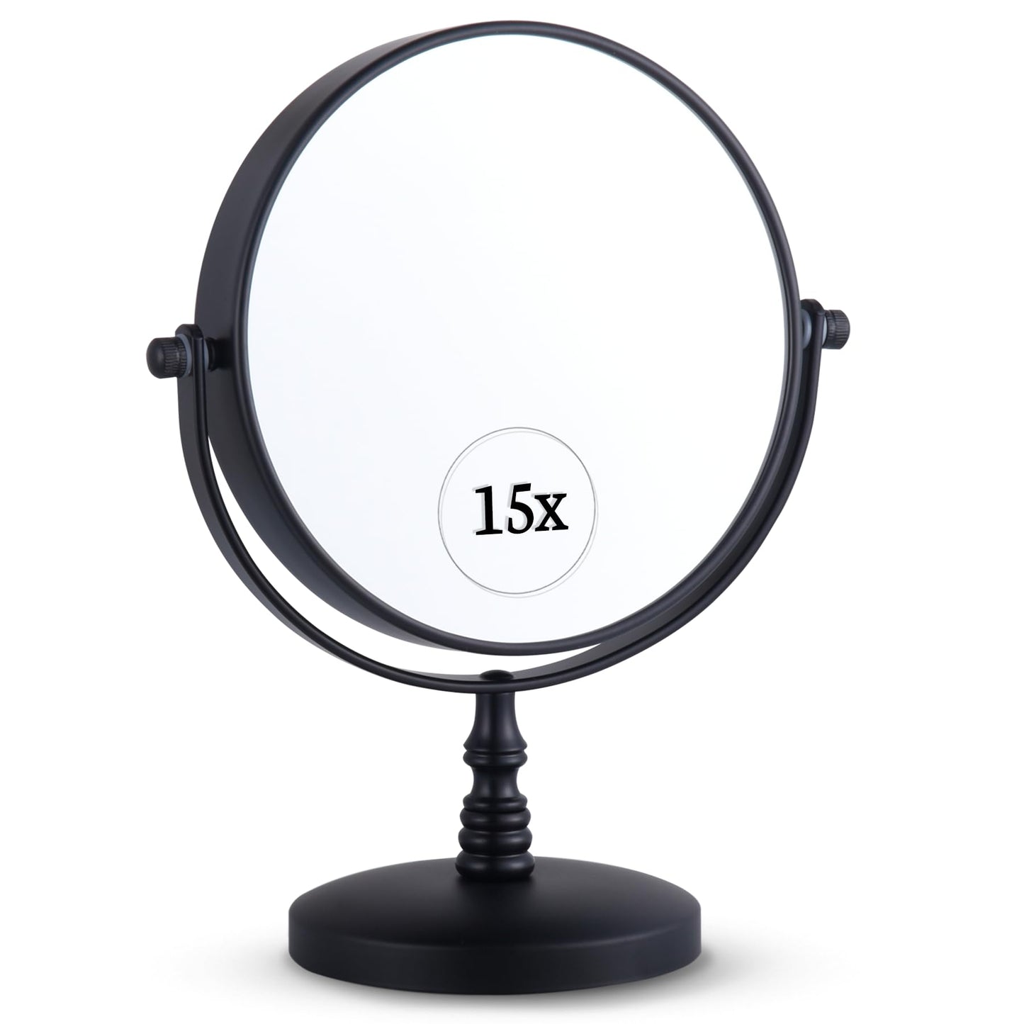15X Magnifying Tabletop Mirror on Stand - Dual Sided 15x and 1x Cosmetic Mirror for Desk, Dressing Table, Bathroom Countertop - 6" Wide & 9" Tall (Black)