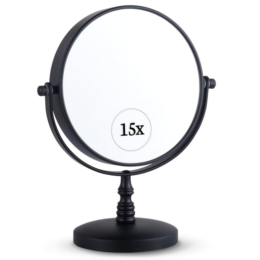 15X Magnifying Tabletop Mirror on Stand - Dual Sided 15x and 1x Cosmetic Mirror for Desk, Dressing Table, Bathroom Countertop - 6" Wide & 9" Tall (Black)