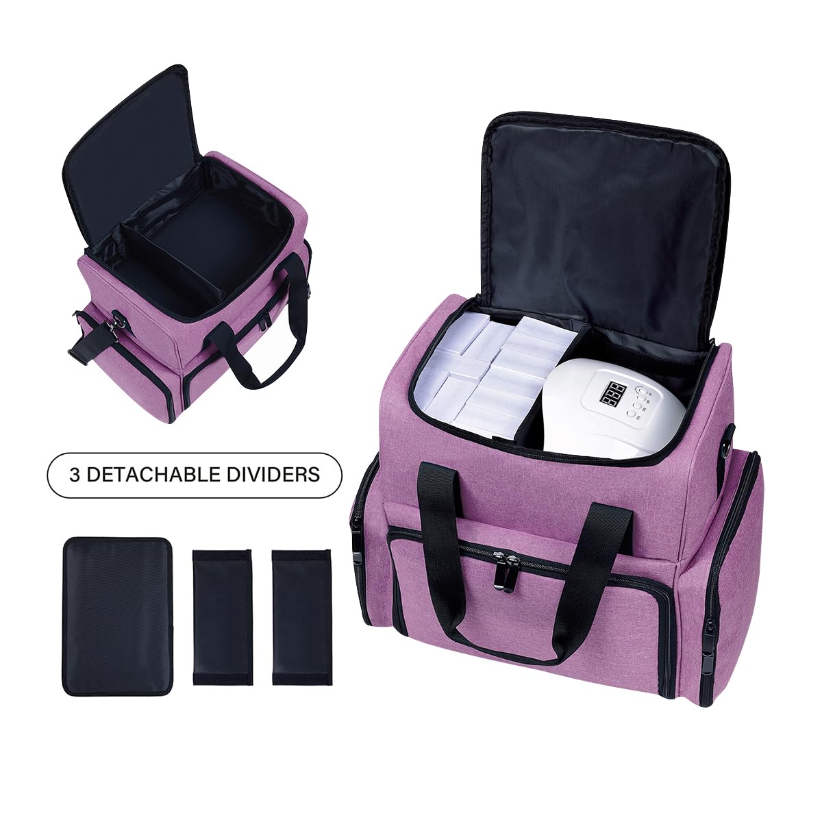 UOZL Large Makeup Cosmetic Bag with 3 Removable Case and 2 Removable Dividers Double Layer Travel Storage Organizer, Makeup Brushes Storage Section Purple