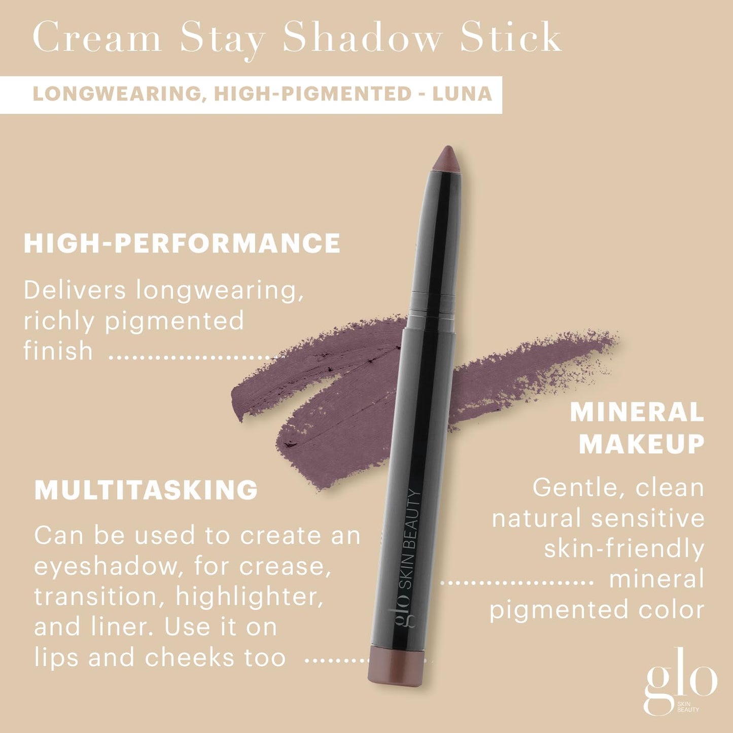 Glo Skin Beauty Cream Stay Shadow Stick (Luna) - Multi-Purpose Eyeshadow Mineral Makeup Can Also Be Used as Liner on Lips or Cheeks, 12-Hours of Wear