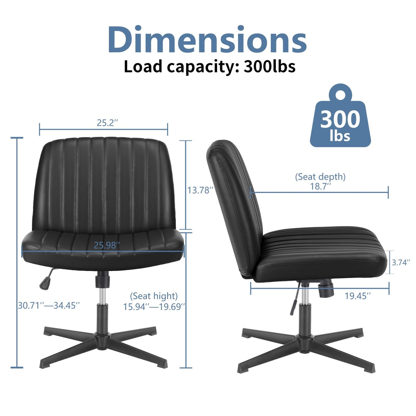 DUMOS Criss Cross Chair No Wheels, Wide Seat Cross Legged Office Desk Vanity Chair, Faux Leather Armless Height Adjustable Swivel Task Computer Chairs for Home, Study, Black PU