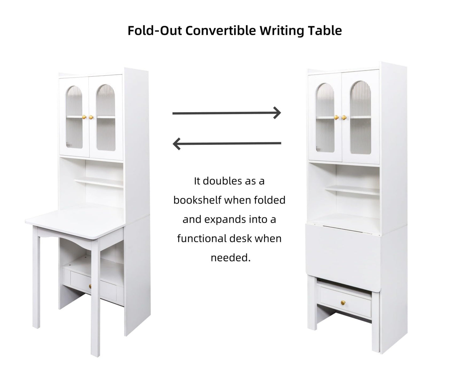 KEIKI Fold-Out Home Office Desks Writing Table with Glass Doors, Drawers, Bookshelf & Storage Shelves, Modern Wooden Convertible Workstation for Work, Study