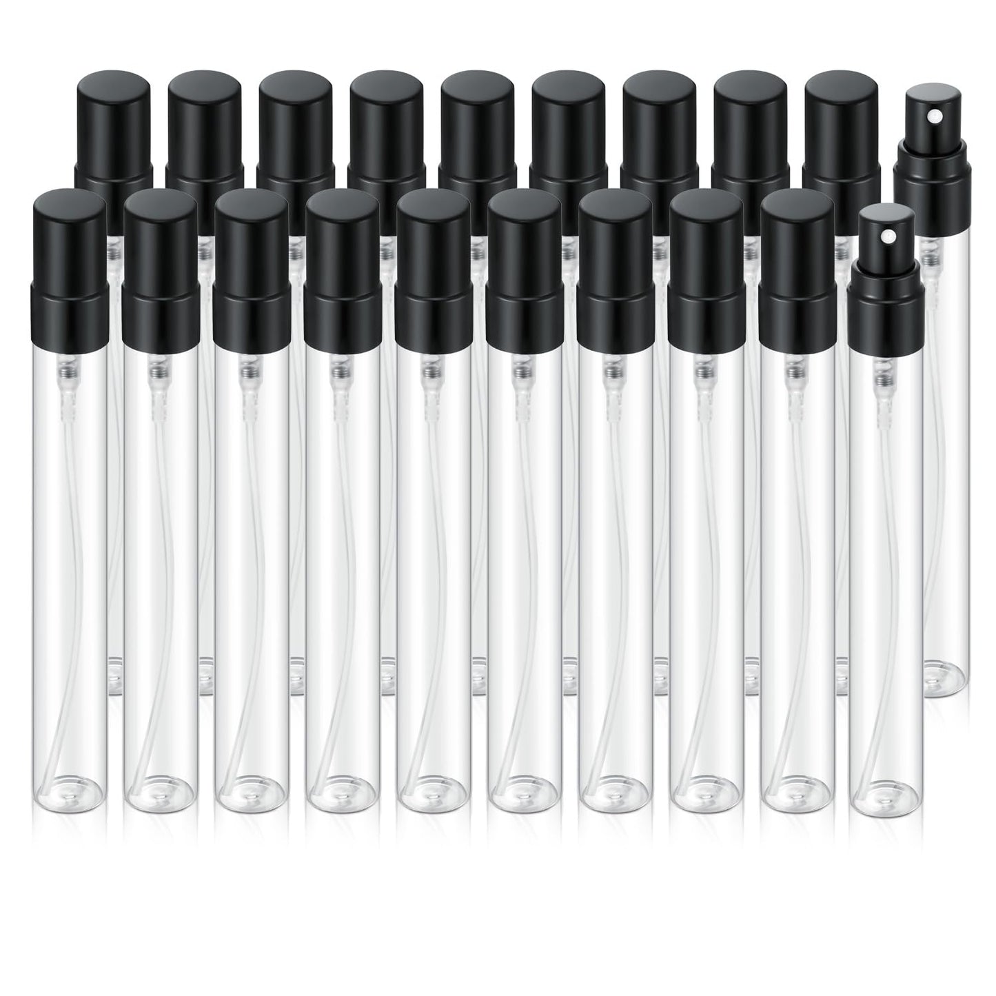 Jxcmeng 20Pcs 10ml Empty Clear Glass Mist Spray Bottle Refillable Mini Perfume Atomizer Travel Sample Bottle with Black Aluminized Nozzle Makeup Container for Perfume (10ml Black Caps)