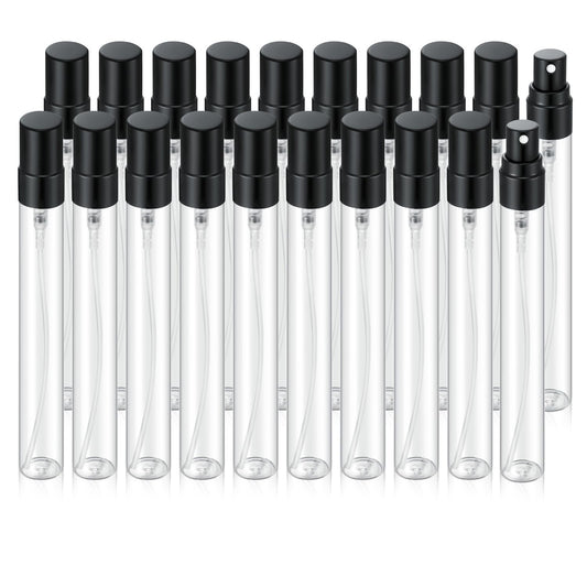 Jxcmeng 20Pcs 10ml Empty Clear Glass Mist Spray Bottle Refillable Mini Perfume Atomizer Travel Sample Bottle with Black Aluminized Nozzle Makeup Container for Perfume (10ml Black Caps)
