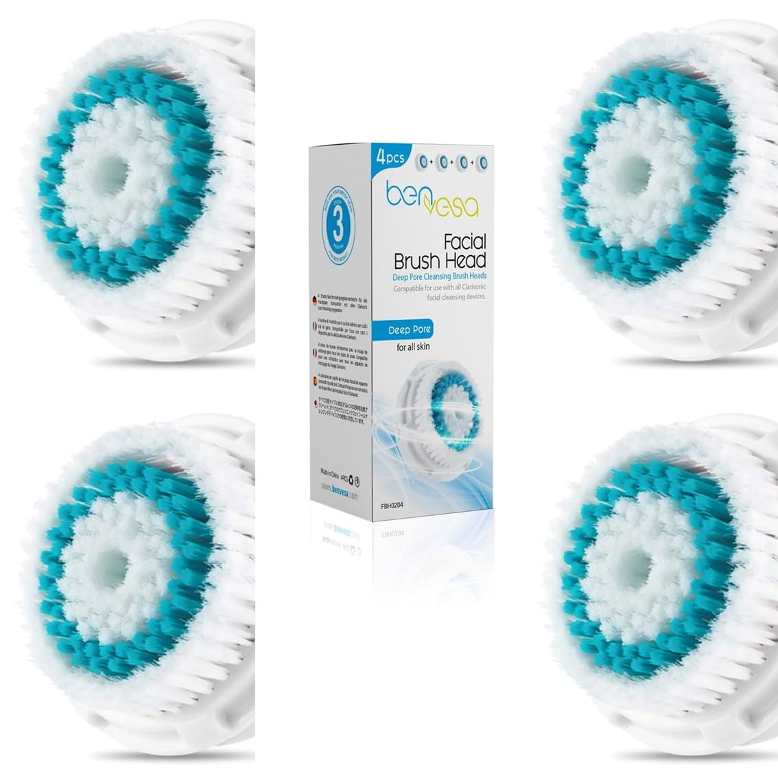 benvesa Deep Pore Replacement Brush Heads – Compatible with Clarisonic Mia 1, Mia 2, Mia Fit, Alpha Fit, Smart Profile Uplift – 4 Pack