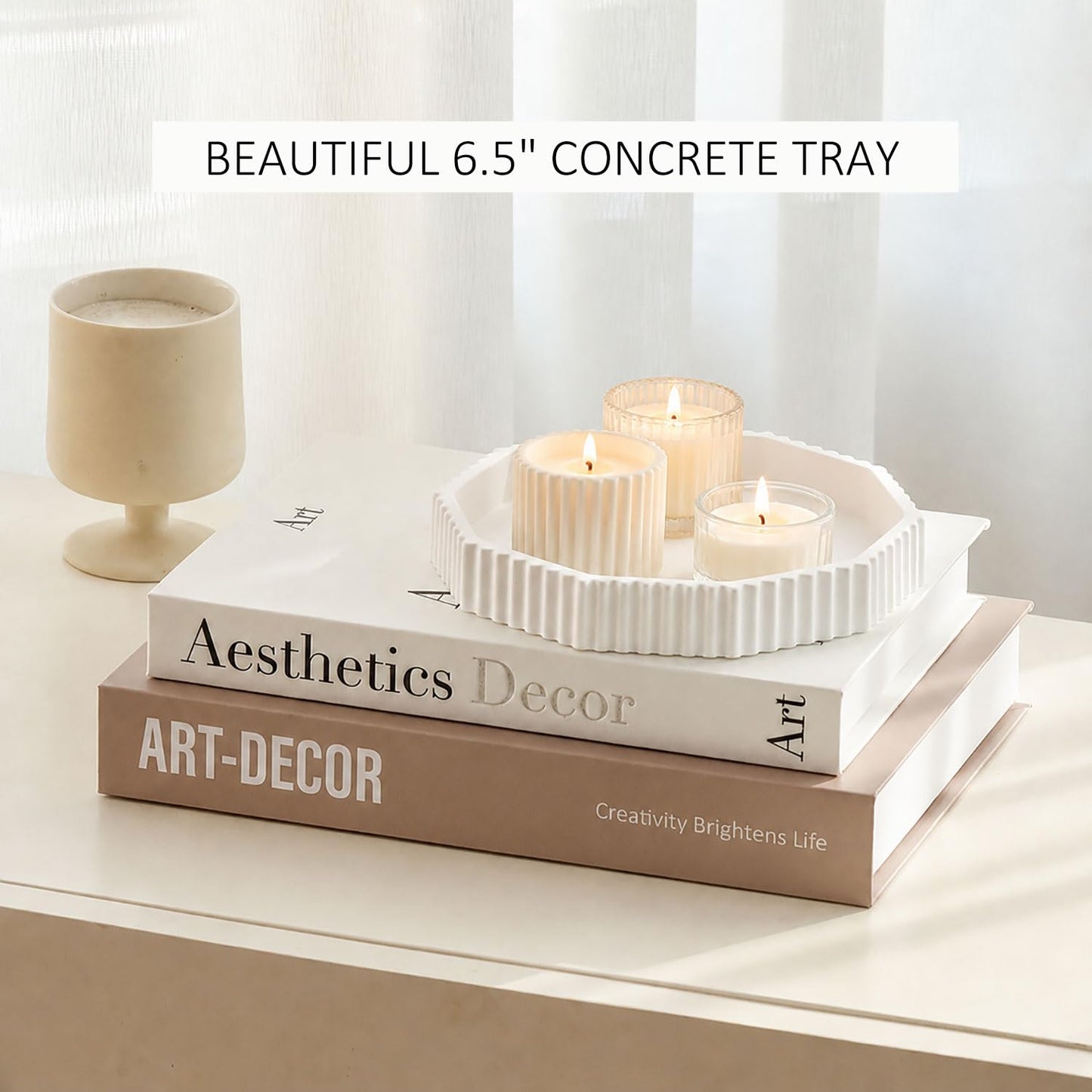 Decorative Concrete Tray & Linen Faux Book Box Set, Scalloped Coffee Table Tray with Hidden Storage, Beige Modern Home Decor for Bookshelf, Entryway, Vanity, Living Room & Housewarming Gift