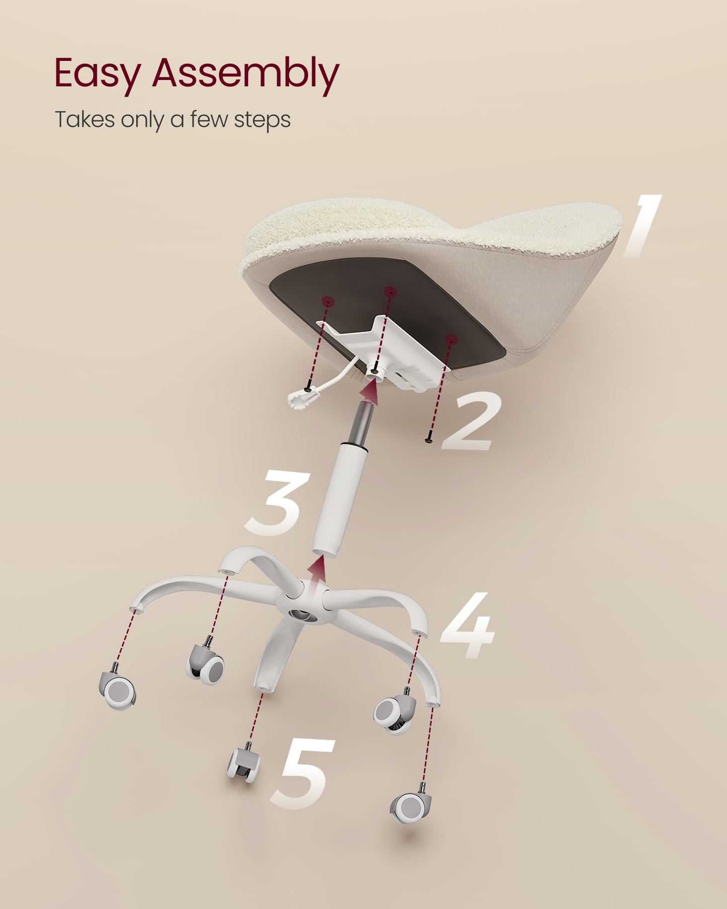 VASAGLE Vanity Chair with Back, Adjustable Swivel Cute Desk Chair with Wheels, Sherpa and PU Leather for Lumbar Support, Compact for Small Spaces, Bedroom, Cappuccino Beige and Cloud White UOBG020W91