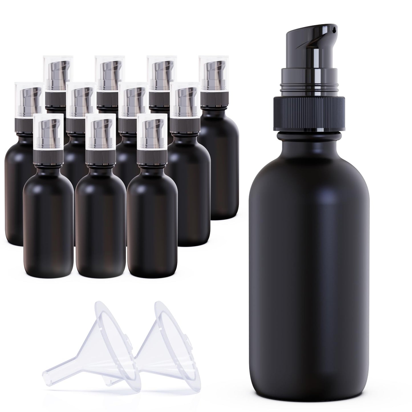 12Pack 60ml Matte Black Glass Pump Bottle with Black Top,2oz Small Dispenser, Travel Size Refillable Botttles for Lotions,Sercums,Essential Oils