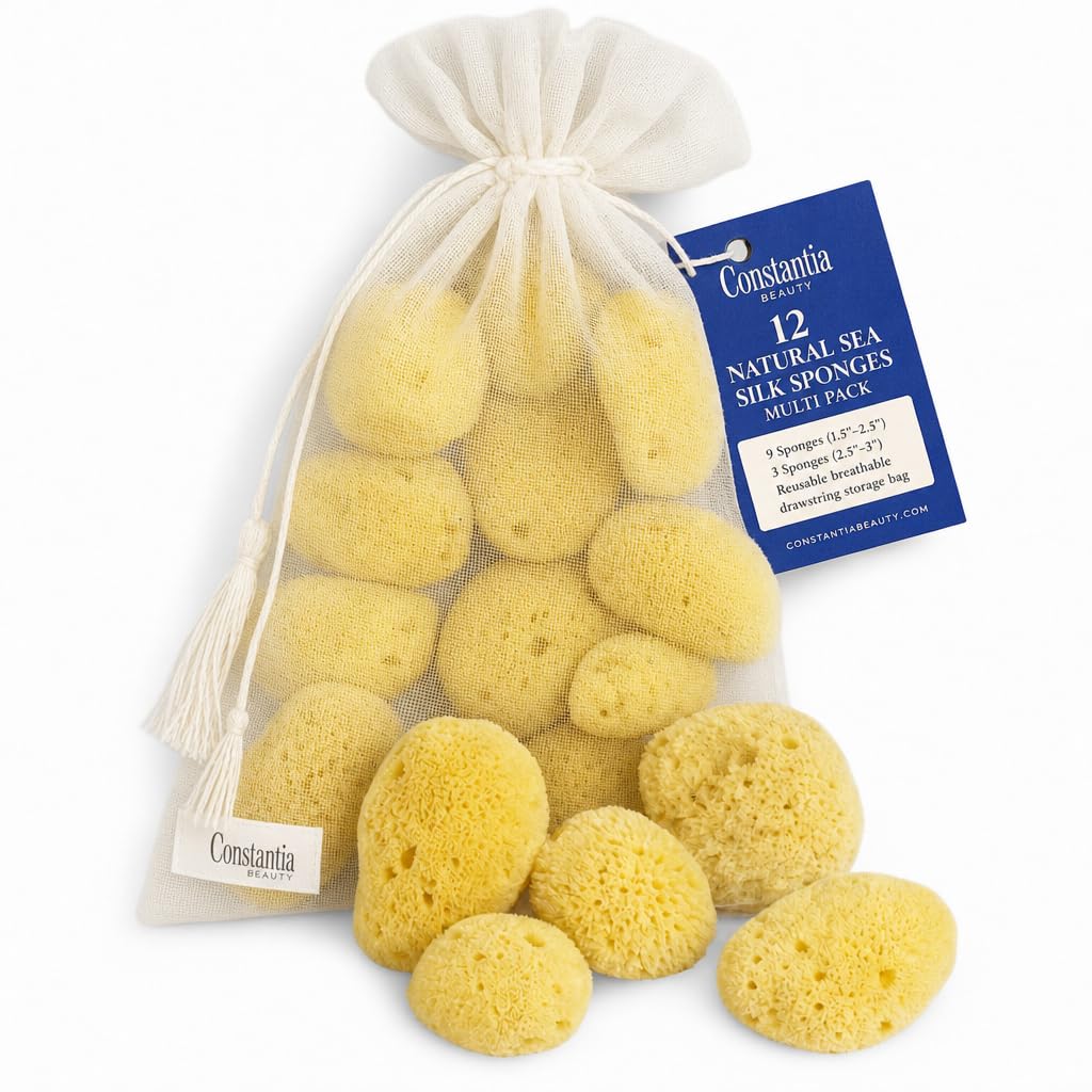 Constantia Beauty® Natural Sea Silk Sponges 12pack, use like Cotton Balls, Cosmetic Grade, Makeup Application Blending & Removal, Face & Eye Cleaning, Size 9pc x1.5"-2.5" 3pc x 2.5"-3" Reuseable Bag