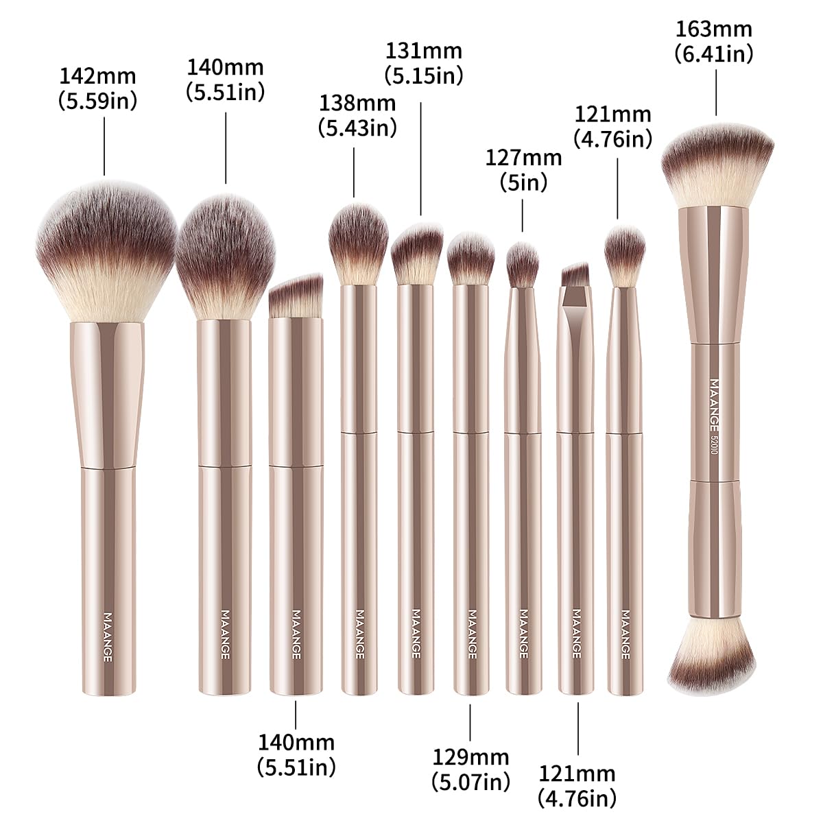 MAANGE Makeup Brush Set 10 Pcs Travel Makeup Brushes Double-ended Kabuki Brush for Foundation Powder Concealers Eye Shadows Makeup Tools Set with LED Light Mirror (Gold)